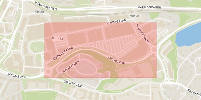 Karta som med röd fyrkant ramar in Sickla, Siroccogatan, Nacka, Stockholms län