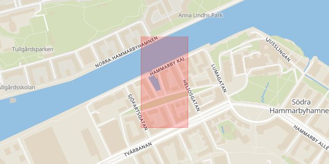Karta som med röd fyrkant ramar in Södra Hammarbyhamnen, Kryssargatan, Stockholm, Stockholms län