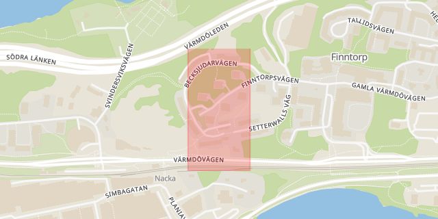 Karta som med röd fyrkant ramar in Finntorp, Nacka, Stockholms län