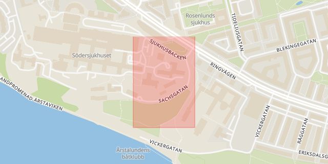 Karta som med röd fyrkant ramar in Södermalm, Vickergatan, Sachsgatan, Stockholm, Stockholms län
