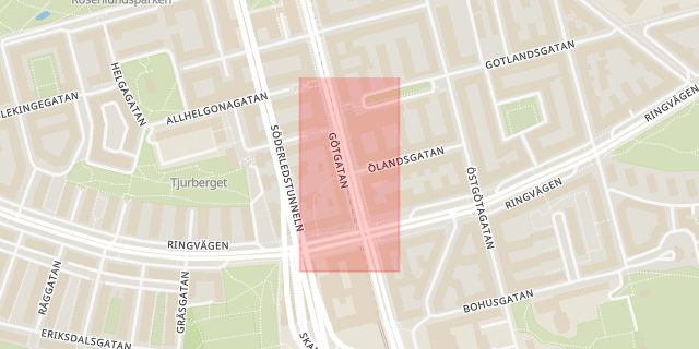 Karta som med röd fyrkant ramar in Södermalm, Götgatan, Ölandsgatan, Stockholm, Stockholms län