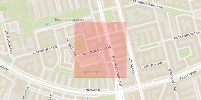 Karta som med röd fyrkant ramar in Södermalm, Allhelgonagatan, Stockholm, Stockholms län