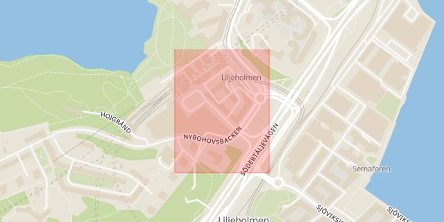 Karta som med röd fyrkant ramar in Liljeholmstorget, Stockholm, Stockholms län