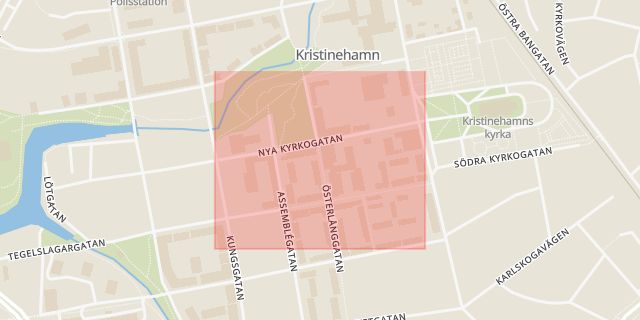 Karta som med röd fyrkant ramar in Nya Kyrkogatan, Kristinehamn, Värmlands län