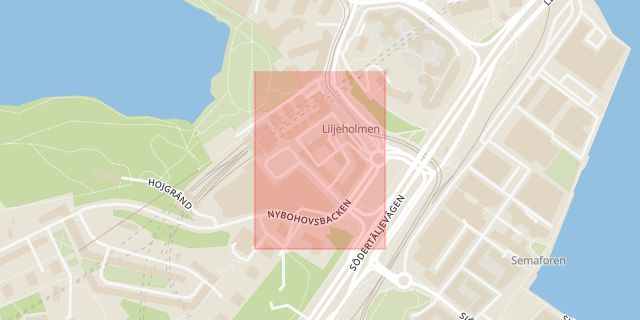 Karta som med röd fyrkant ramar in Liljeholmstorget, Liljeholmen, Stockholm, Stockholms län