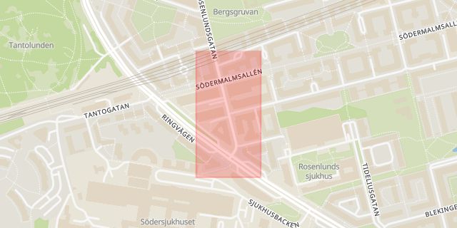 Karta som med röd fyrkant ramar in Södermalm, Magnus Ladulåsgatan, Rosenlundsgatan, Stockholm, Stockholms län