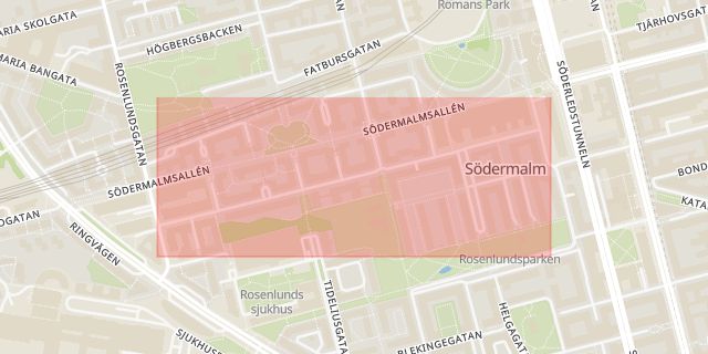 Karta som med röd fyrkant ramar in Södermalm, Magnus Ladulåsgatan, Stockholm, Stockholms län