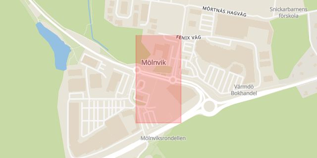 Karta som med röd fyrkant ramar in Mölnvik, Mölnviksrondellen, Värmdö, Stockholms län