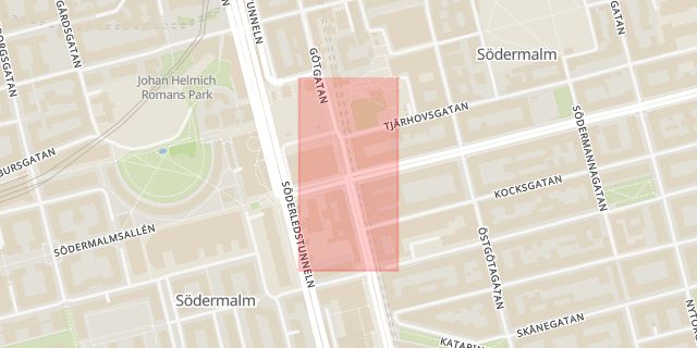 Karta som med röd fyrkant ramar in Folkungagatan, Götgatan, Stockholm, Stockholms län