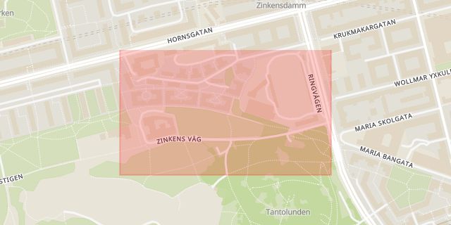 Karta som med röd fyrkant ramar in Hornstull, Zinkensdamm, Stockholm, Stockholms län