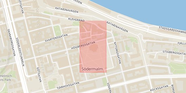 Karta som med röd fyrkant ramar in Södermalm, Björns Trädgård, Katarina Kyrka, Stockholm, Stockholms län