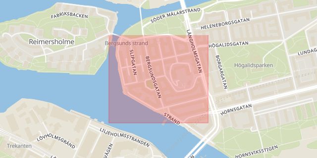 Karta som med röd fyrkant ramar in Bergsunds Strand, Stockholm, Stockholms län