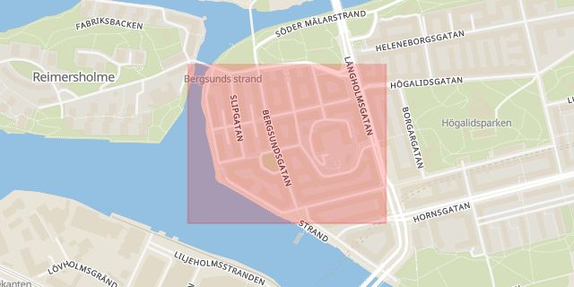 Karta som med röd fyrkant ramar in Södermalm, Bergsunds Strand, Stockholm, Stockholms län