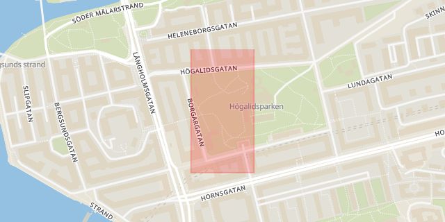 Karta som med röd fyrkant ramar in Hornstull, Högalidsparken, Stockholm, Stockholms län