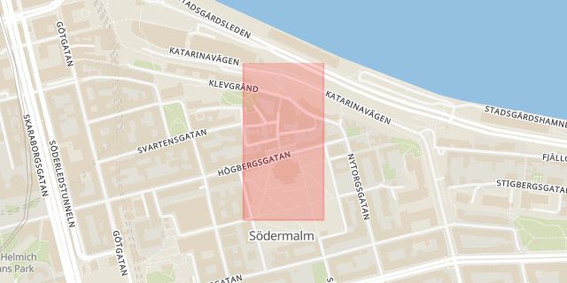 Karta som med röd fyrkant ramar in Roddargatan, Södermalm, Stockholm, Stockholms län