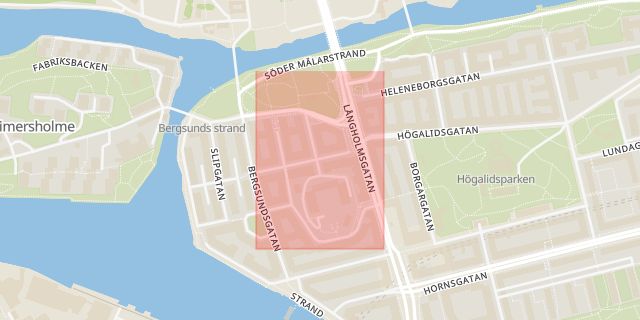 Karta som med röd fyrkant ramar in Södermalm, Folkskolegatan, Långholmen, Stockholm, Stockholms län