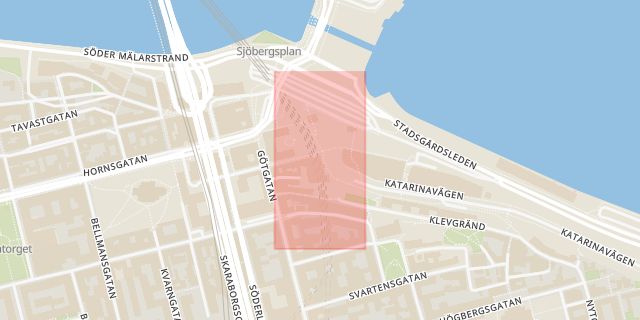 Karta som med röd fyrkant ramar in Slussen, Södermalmstorg, Katarinavägen, Stockholm, Stockholms län