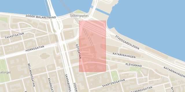 Karta som med röd fyrkant ramar in Slussen, Skeppsbron, Stockholm, Stockholms län