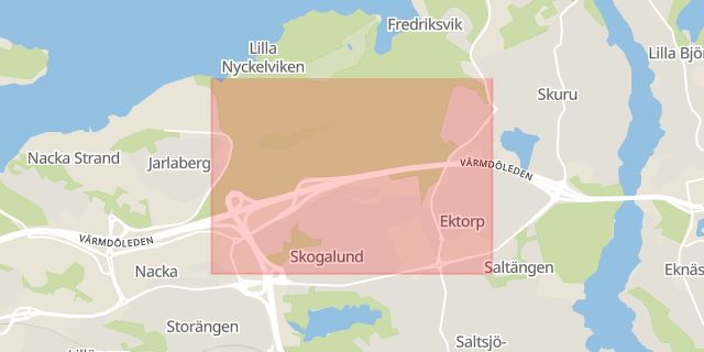 Karta som med röd fyrkant ramar in Skogalund, Nacka, Stockholms län