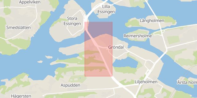 Karta som med röd fyrkant ramar in Essingeleden, Trafikplats Gröndal, Stockholm, Stockholms län