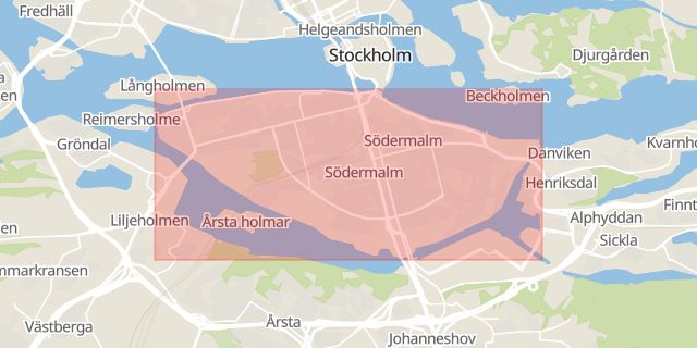 Karta som med röd fyrkant ramar in Södermalm, Östermalm, Stockholm, Stockholms län