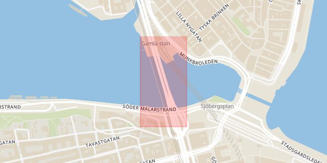 Karta som med röd fyrkant ramar in Centralbron, Söderledstunneln, Stockholm, Stockholms län
