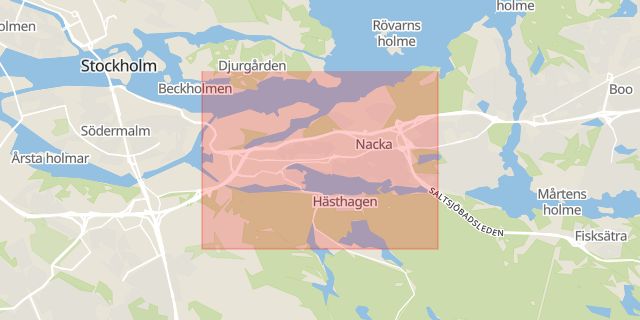 Karta som med röd fyrkant ramar in Nacka Centrum, Allmänna Vägen, Nacka, Stockholms län