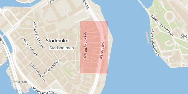 Karta som med röd fyrkant ramar in Gamla Stan, Österlånggatan, Skottgränd, Stockholm, Stockholms län