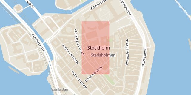 Karta som med röd fyrkant ramar in Stortorget, Gamla Stan, Södermalm, Stockholm, Stockholms län