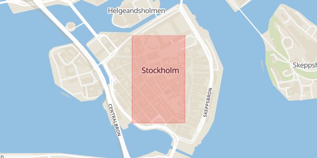 Karta som med röd fyrkant ramar in Västerlånggatan, Riddarholmen, Stockholm, Stockholms län