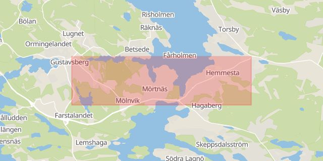 Karta som med röd fyrkant ramar in Skärgårdsvägen, Mörtnäs, Stockholm, Värmdö, Stockholms län