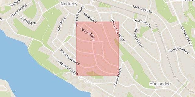 Karta som med röd fyrkant ramar in Nockeby, Moravägen, Stockholm, Stockholms län
