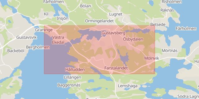 Karta som med röd fyrkant ramar in Trafikplats Insjön, Trafikplats Gustavsberg, Värmdöleden, Värmdö, Stockholms län