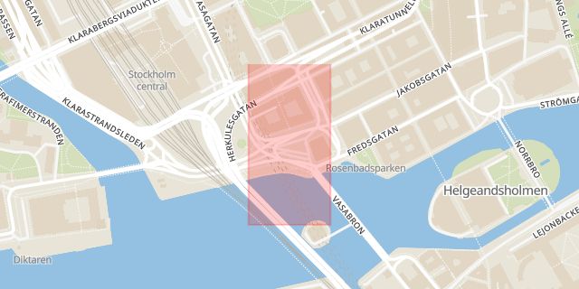 Karta som med röd fyrkant ramar in Tegelbacken, Stockholm, Stockholms län
