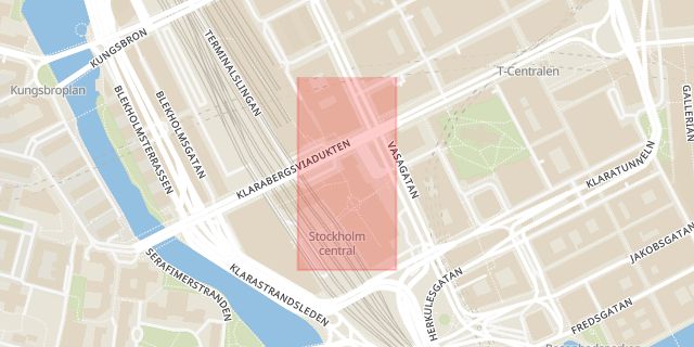 Karta som med röd fyrkant ramar in Klarabergsgatan, Centralstationen, Stockholm, Stockholms län