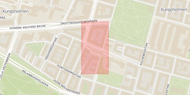 Karta som med röd fyrkant ramar in Kronobergsgatan, Hantverkargatan, Kungsholmen, Stockholm, Stockholms län