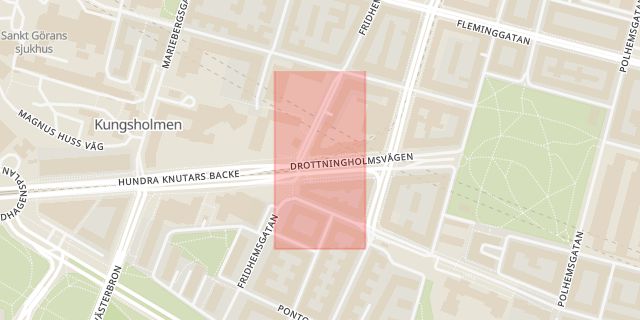 Karta som med röd fyrkant ramar in Fridhemsplan, Fridhemsgatan, Drottningholmsvägen, Stockholm, Stockholms län