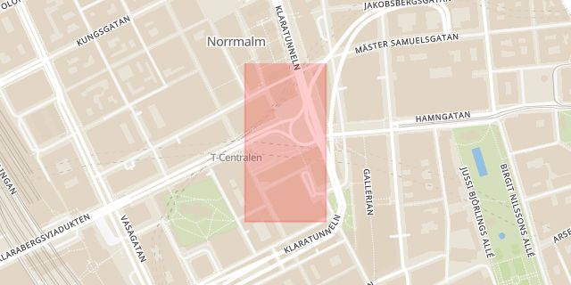 Karta som med röd fyrkant ramar in Vasastaden, Sveavägen, Sergels Torg, Stockholm, Stockholms län