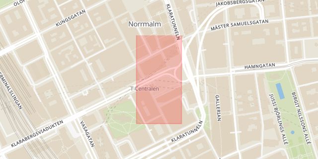 Karta som med röd fyrkant ramar in Centralen, Sergelarkaden, Sergels Torg, Stockholm