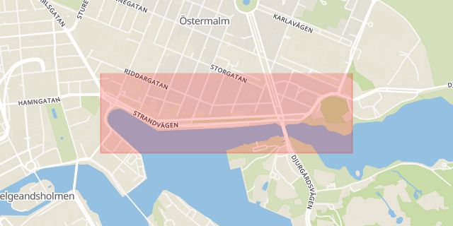 Karta som med röd fyrkant ramar in Strandvägen, Stockholm, Stockholms län