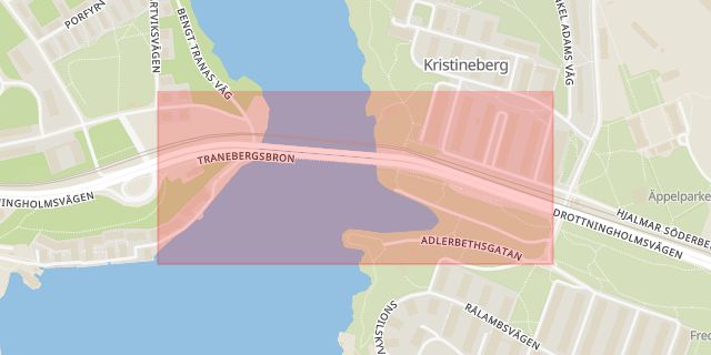 Karta som med röd fyrkant ramar in Riksby, Tranebergsbron, Stockholm, Stockholms län