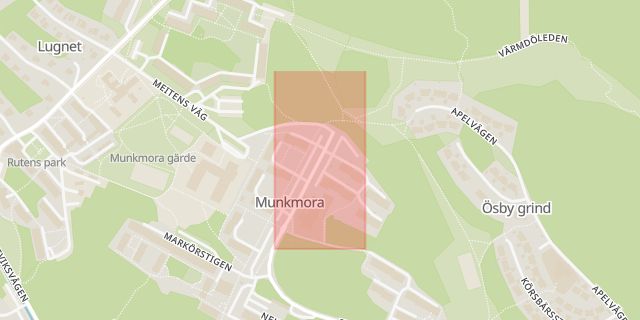 Karta som med röd fyrkant ramar in Munkmora, Värmdö, Stockholms län