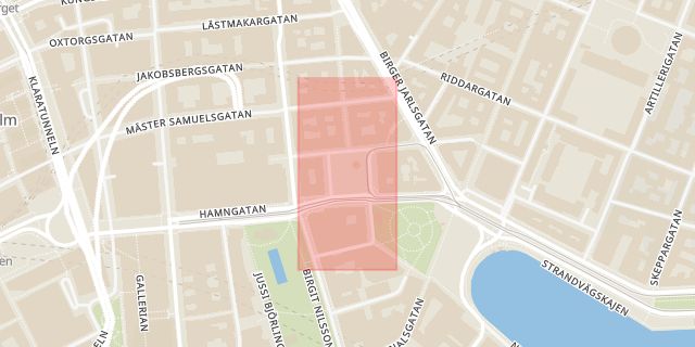 Karta som med röd fyrkant ramar in Norrmalmstorg, Stockholm, Stockholms län