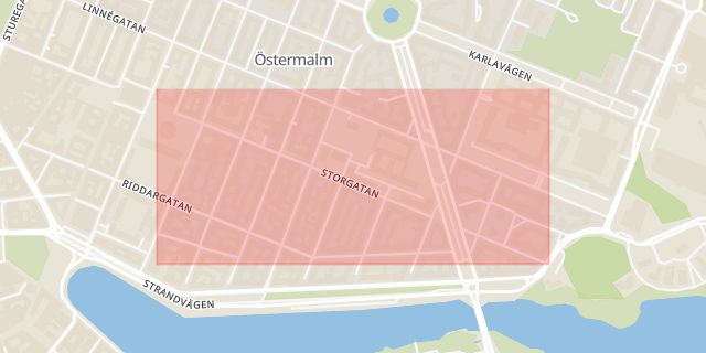 Karta som med röd fyrkant ramar in Östermalm, Storgatan, Sverige, Stockholm, Stockholms län