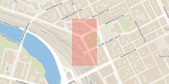 Karta som med röd fyrkant ramar in Humlegården, Norra Bantorget, Kungsgatan, Stockholm, Stockholms län