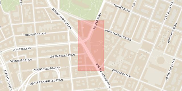 Karta som med röd fyrkant ramar in Östermalm, Stureplan, Stockholm, Stockholms län