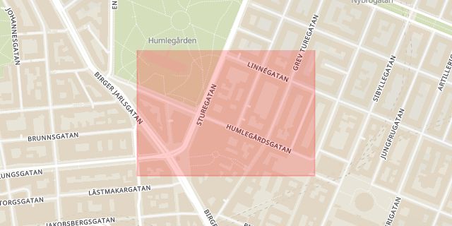 Karta som med röd fyrkant ramar in Humlegårdsgatan, Östermalm, Stockholm, Stockholms län