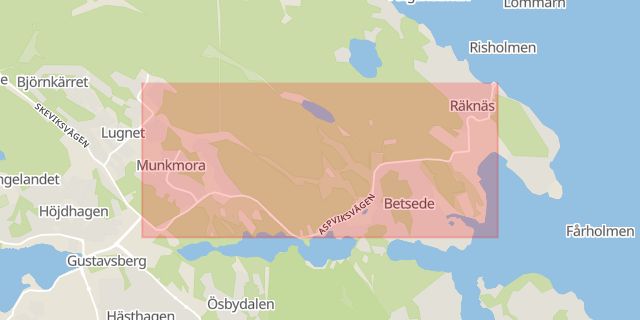 Karta som med röd fyrkant ramar in Aspviksvägen, Värmdö, Stockholms län