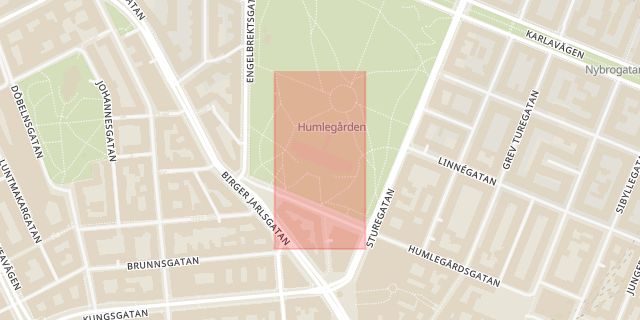 Karta som med röd fyrkant ramar in Sturegatan, Östermalm, Humlegården, Stockholm, Stockholms län
