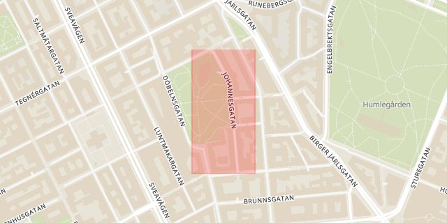 Karta som med röd fyrkant ramar in Johannesgatan, Vasastaden, Stockholm, Stockholms län